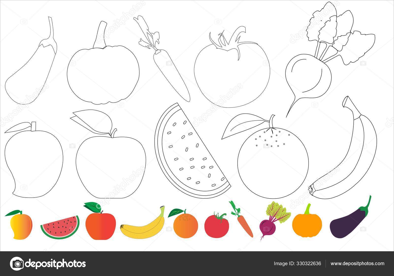 Fruits Vegetables Kids Coloring Fruits Vegetables Vector Icons ...