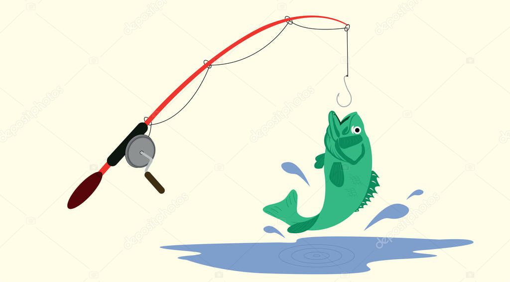 Fishing rod with fish catching vector flat design