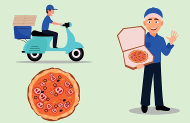 Pizzacı vektör adam scooter teslimat vektörü düz çizim