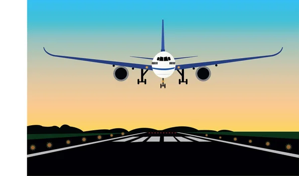 Vliegtuig Landing Zonsondergang Vector Landing Nachts Luchthaven Plat Ontwerp — Stockvector