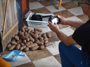 Evdeki eski ahşap arka planda patates vurmak. Küçük stüdyo.