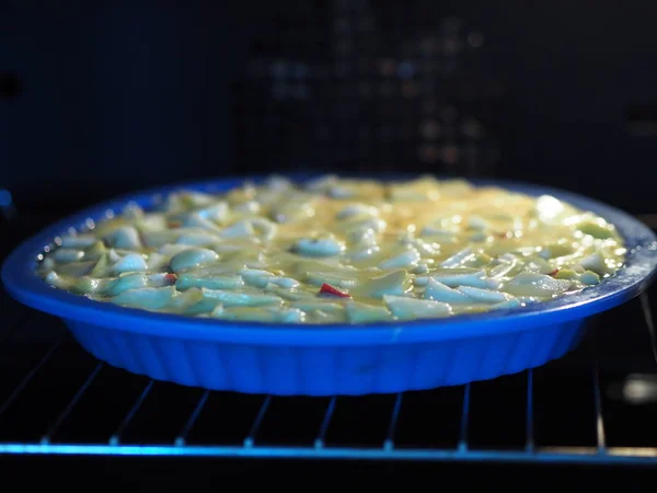 Un pastel casero abierto con manzanas y grosellas rojas se cocina en un horno negro. Cocina casera . —  Fotos de Stock