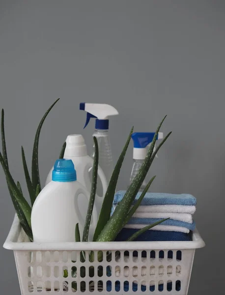 Koncepcja ekologicznych naturalnych detergentów. Detergenty i środki czyszczące z rośliną aloesu na szarym tle w plastikowym koszu na pranie. Wioska. — Zdjęcie stockowe