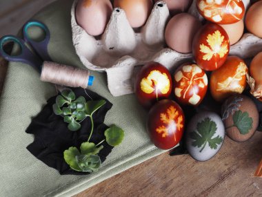 Paskalya yumurtaları eski ahşap bir arka planda taze otlarla birlikte soğan kabuğu boyadı. Yumurtaları eski çevre dostu yöntemle soyulmuş soğanla boyuyoruz..