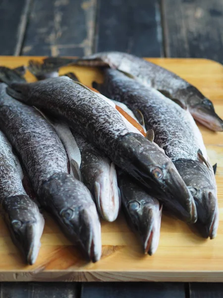 Op een houten zwarte achtergrond op een snijplank van een karkas van het karkas van verse rivier vis snoek. Plaats voor een inscriptie. Gebruik van vis voor de gezondheid. — Stockfoto