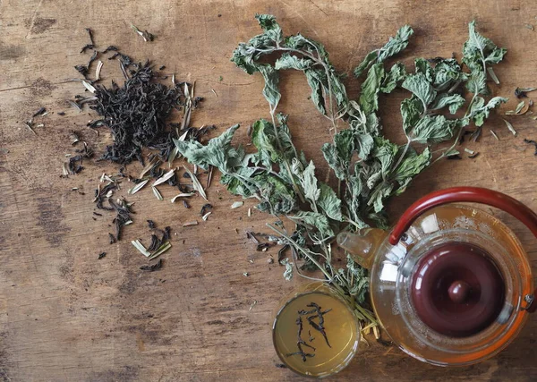 Medicina herbácea. O conceito dos benefícios para a saúde do chá de ervas verdes. Bule e xícaras em uma mesa marrom de madeira com gaivotas e medicinais — Fotografia de Stock