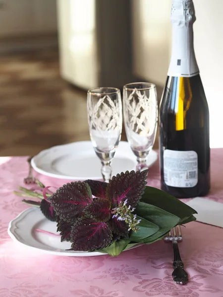 Top View Pink Tablecloth Bouquet Green Leaves Coleus Red Flower Stock Image