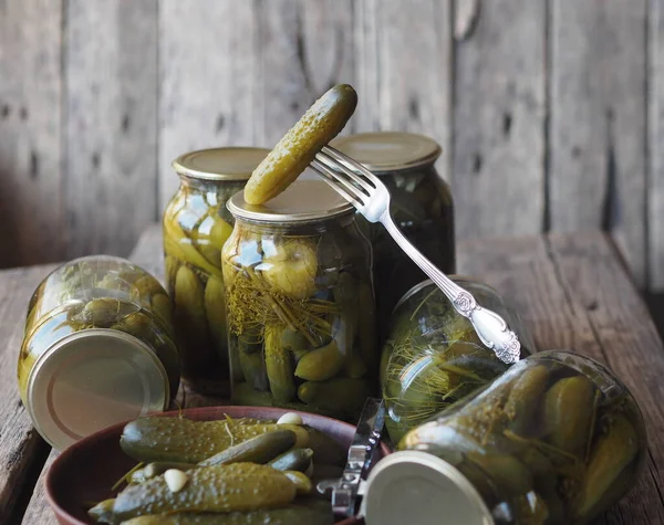 Benefits Harms Canned Pickled Cucumbers Homemade Pickled Cucumbers Fork Jars — Stock Photo, Image