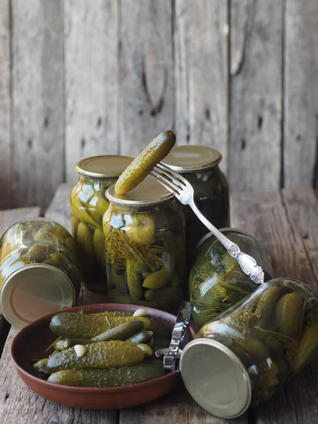 Benefits Harms Canned Pickled Cucumbers Homemade Pickled Cucumbers Fork Jars — Stock Photo, Image