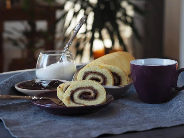 Homemade Biscuit Sponge Roll Sweet Plum Jam Tea Dark Background — Stock Photo, Image