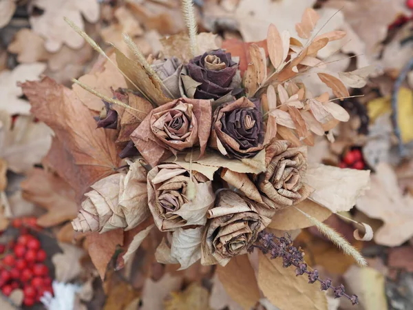 Wallpaper Texture Bouquet Roses Made Dried Leaves Autumn Crafts Your — Stock Photo, Image