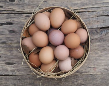 Sağlıklı beslenme kavramı. Evcil tavuklardan köy yumurtaları. Mesaj için yer var. Sonbahar arkaplanı yumurta ve saman ile ahşap bir elek kırsal bir masa üzerinde. Yukarıdan manzara..
