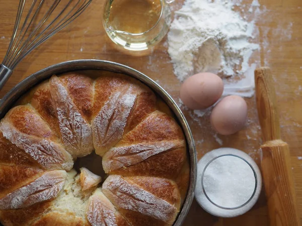 Páscoa Festiva Natal Pão Todos Dias Rola Uma Assadeira Com — Fotografia de Stock