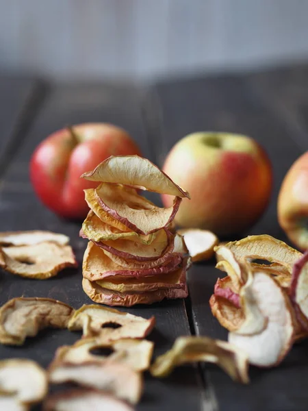 Homemade Dried Fruit Apple Chips Fresh Apples Rustic Wooden Dark — Stock Photo, Image