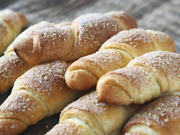 Croissants Sprinkled Sesame Sugar Ancient Wooden Background Homemade Cake — Stock Photo, Image