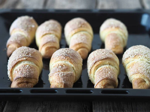 Croissants Sprinkled Sesame Sugar Oven Tray Ancient Wooden Background Homemade — Stock Photo, Image