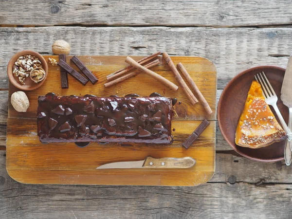 Endroit Pour Texte Gâteau Rectangulaire Citrouille Chocolat Maison Vacances Glacé — Photo