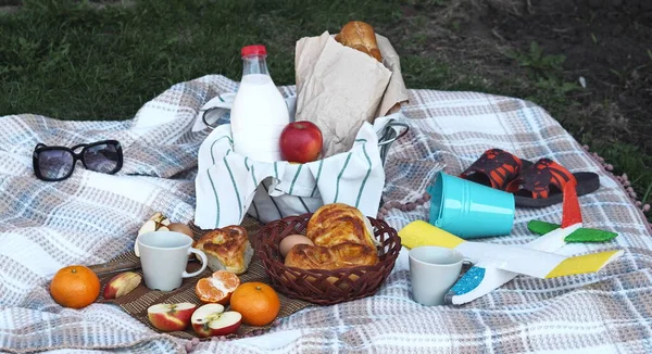 Spend time with children on a spring picnic on the grass. Food basket with long loaf, milk and homemade cakes on a plaid. Launch an airplane.