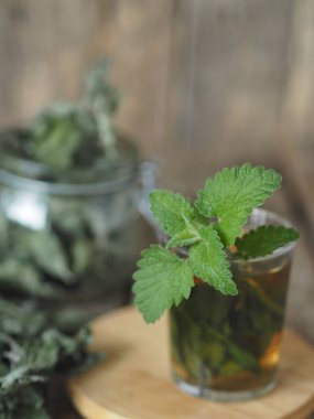 Kurutulmuş Melissa kullanarak şifalı bitki çayı. Melissa 'nın kurumuş yaprakları ya da eski ahşap bir masadaki bardakta taze bir dal ve tütsülenmiş nane şekeri..