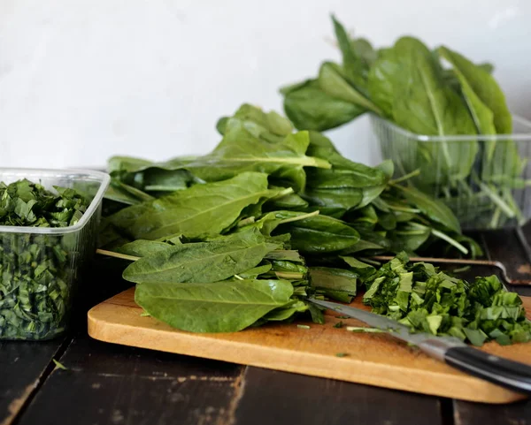 Natural Sorrel Herbs Cooking Various Healthy Vegetarian Dishes Slicing Young — Stock Photo, Image