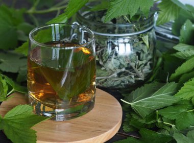 Kurutmak ve çay olarak kullanmak için taze kuşüzümü yaprağı hasat mevsimi. Taze frenk üzümü yaprakları, koyu ahşap bir masada bir bardak yaprak çayı..