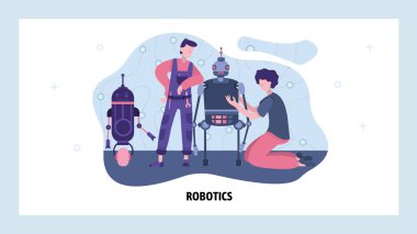Mühendisler robot yapıp onarıyor. Geleceğin robot robot teknolojisi. Garajda bir robot yap. Vektör web sitesi tasarım şablonu. İniş sayfası konsepti çizimi