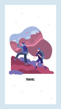 Dağlarda yürüyüş yapan turistler. Açık havada seyahat ve macera konsepti. Erkek ve kadın tırmanıyor ve yürüyüş yapıyorlar. Vektör web sitesi tasarım şablonu. İniş sayfası konsepti çizimi