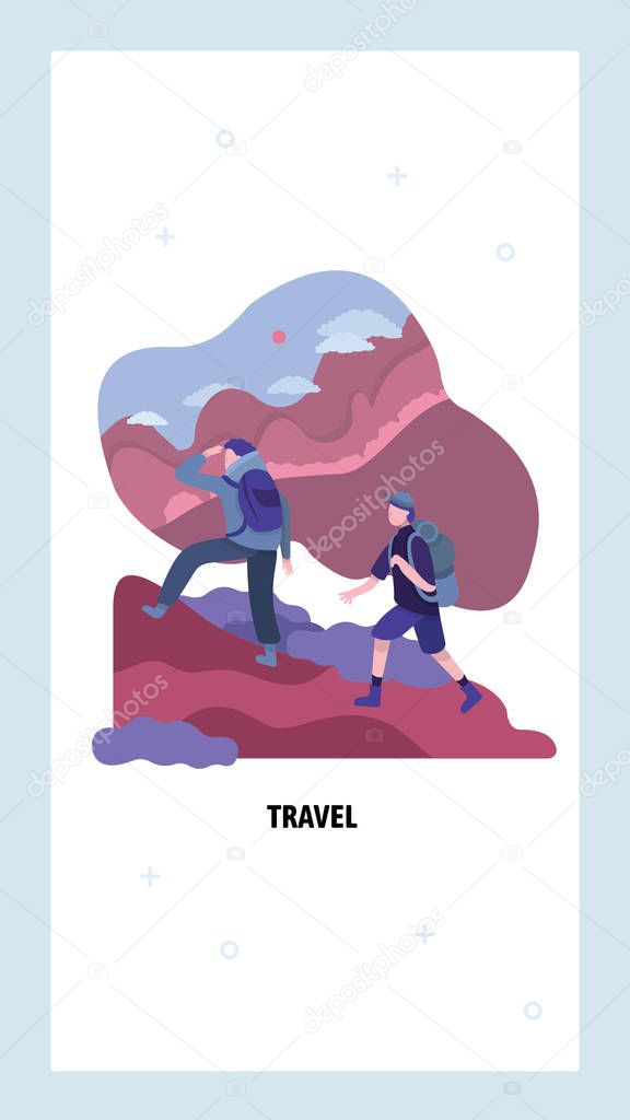 Tourists hiking in mountains. Outdoor travel and adventure concept. Man and woman climbing and trekking. Vector web site design template. Landing page website concept illustration