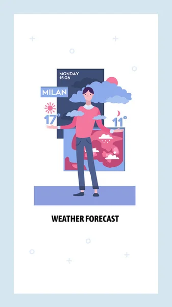 Předpověď počasí v televizních zprávách. Meteorolog hlásí počasí v televizi. Šablona návrhu vektorového webu. Obrázek konceptu webových stránek na přistávací stránce. — Stockový vektor