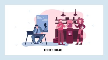 Ofiste kahve molası. İnsanlar ofis soğutucusunun yanında kahve içer. Öğle yemeğinde iş toplantısı var. Vektör web sitesi tasarım şablonu. İniş sayfası konsepti çizimi