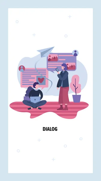 Dos amigos se envían mensajes. Personas que usan aplicaciones de mensajería para teléfonos móviles. Plantilla de diseño del sitio web del vector. Página de destino sitio web concepto ilustración — Archivo Imágenes Vectoriales