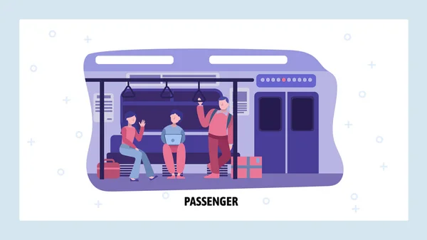 Підземний потяг метро з пасажирами. Люди об'єднуються в міському метро. Векторний шаблон дизайну веб-сайту. Ілюстрація концепції веб-сайту Landing page — стоковий вектор