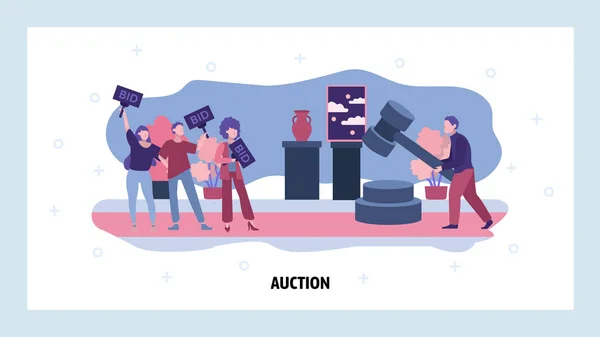 Auction business concept. People make bid in public auction house. Vector web site design template. Landing page website concept illustration — Stock Vector