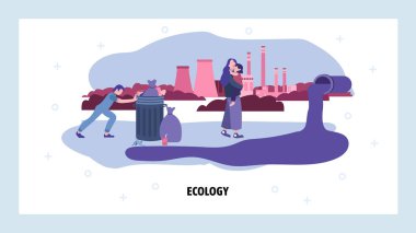 Unhappy family in polluted city with waste and power plant on background. Environmental pollution concept. Industry landscape. Vector web site design template. Landing page website illustration clipart