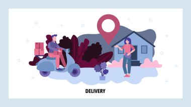 Motosikletli bir adam eve paket getiriyor. Teslimat hizmeti konsepti. Vektör web sitesi tasarım şablonu. İniş sayfası konsepti çizimi