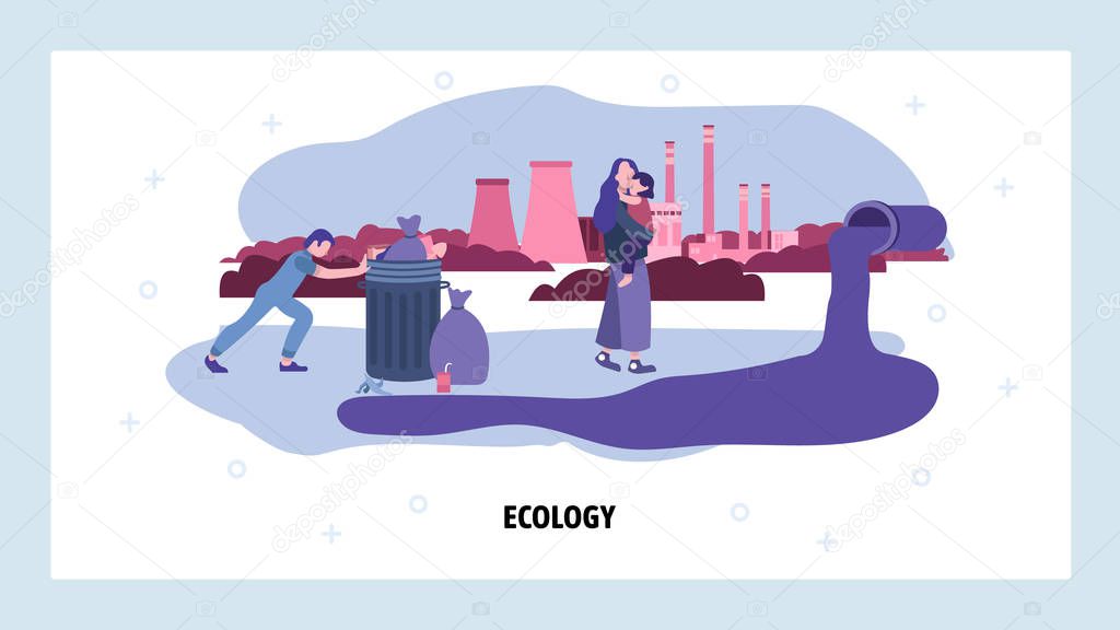 Unhappy family in polluted city with waste and power plant on background. Environmental pollution concept. Industry landscape. Vector web site design template. Landing page website illustration