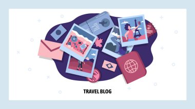Seyahat blogu ve fotoğraf paylaşımı. Turizm endüstrisi için sosyal medya pazarlaması. Tatil ve macera tatili fotoğrafçılığı. Vektör web sitesi tasarım şablonu. İniş sayfası konsepti çizimi
