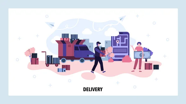 Fast delivery concept. Courier deliver package to customer home. Shipping service. Vector web site design template. Landing page website concept illustration — Stock Vector