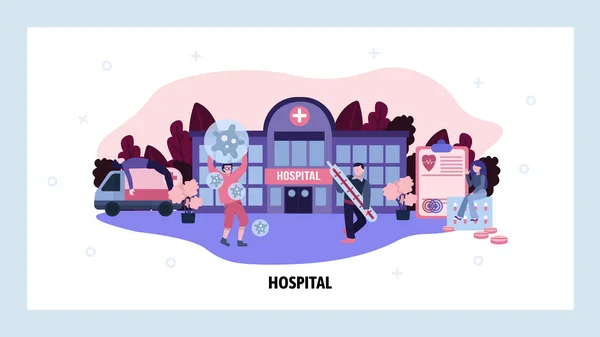 Concepto de epidemia viral. Los médicos del hospital combaten infecciones. Coche de ambulancia, pacientes enfermos. Atención médica y salud. Plantilla de diseño del sitio web del vector. Página de destino sitio web concepto ilustración — Archivo Imágenes Vectoriales