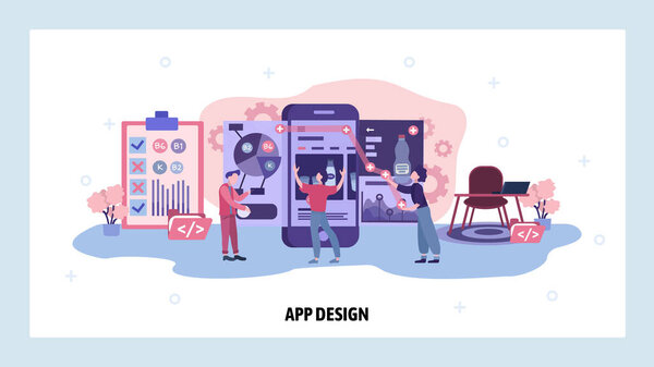 Team of developers build a food app for mobile phone. Teamwork, application design, online grocery store. Vector web site design template. Landing page website concept illustration