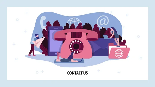 Contact us page. Business support service and helpdesk Old dial telephone. Vector web site design template. Landing page website concept illustration — Stock Vector