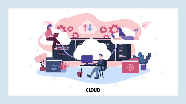 Τεχνολογία Cloud και υπολογιστική δεδομένων. Υπηρεσία αποθήκευσης Cloud. Κατανεμημένη ομάδα επιχειρήσεων και προγραμματιστών. Διάνυσμα πρότυπο σχεδιασμού ιστοσελίδας. Εικόνα έννοιας ιστοσελίδας προορισμού — Διανυσματικό Αρχείο