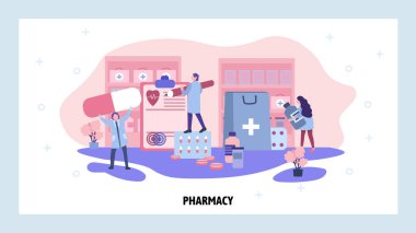 Eczane konsepti. Çevrimiçi eczane, doktor ve hemşire reçeteli ilaçlarla hastanede. Vektör web sitesi tasarım şablonu. İniş sayfası konsepti çizimi