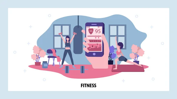 Aplicación de teléfono móvil Fitness. Estilo de vida saludable. Realiza un seguimiento de tu actividad de entrenamiento en un gimnasio. Las mujeres hacen ejercicio y controlan la frecuencia cardíaca. Plantilla de diseño del sitio web del vector. Ilustración del concepto de página de destino — Archivo Imágenes Vectoriales