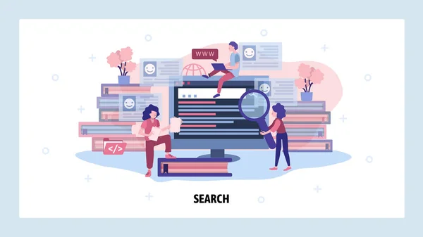 Pesquisa informações e dados na internet. As pessoas usam o computador para pesquisar na web. Marketing de SEO. Modelo de design do site vetorial. Ilustração do conceito de site de landing page —  Vetores de Stock