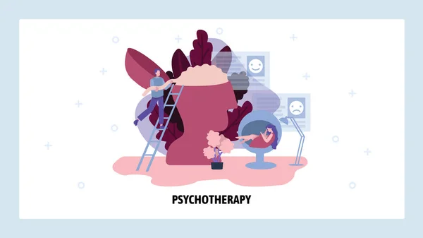 Ψυχοθεραπεία γιατρός βοηθά τη γυναίκα ασθενή με τα προβλήματά της. Ψυχική διαταραχή, ανθρώπινος εγκέφαλος, ψυχική υγεία. Διάνυσμα πρότυπο σχεδιασμού ιστοσελίδας. Εικόνα έννοιας ιστοσελίδας προορισμού — Διανυσματικό Αρχείο