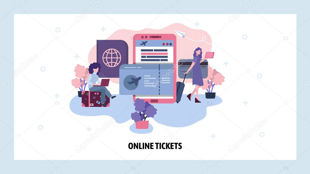 Airplane ticket online booking concept. Women book flight using mobile phone. Buy and keep ticket online. Vector web site design template. Landing page website illustration