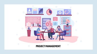 İş toplantısı ve sunum. Proje yönetim ekibi. 3D projektörlü işletme eğitimi semineri. Vektör web sitesi tasarım şablonu. İniş sayfası konsepti çizimi