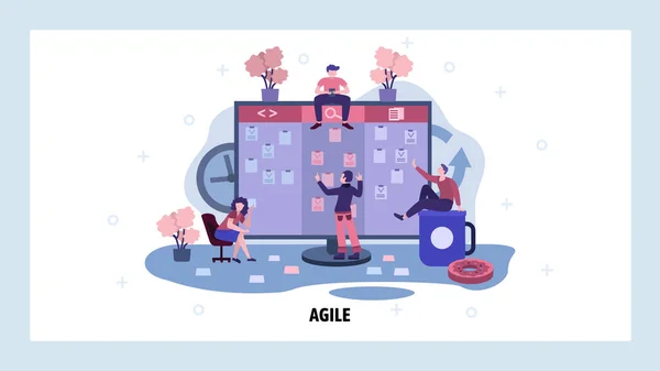 Team work on project and check tasks on big kandan board. Agile and scrum board business management. Teamwork concept. Vector web site design template. Landing page website illustration — Stock Vector