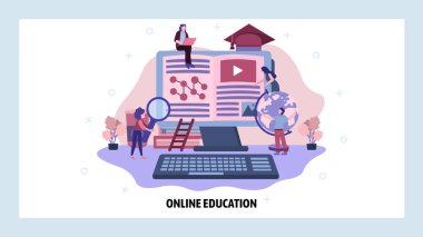 Çevrimiçi eğitim ve uzaktan öğrenme teknolojisi. Öğrenciler internet üzerinden kitap ve arama bilgileri okuyorlar. Vektör web sitesi tasarım şablonu. İniş sayfası illüstrasyonu